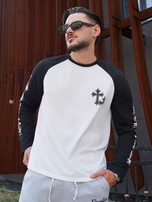 LEOGASHI LEOGASHI Men's Contrast Color Round Neck Raglan Sleeve Long Sleeve T-Shirt With Letter & Cross Print, Suitable For Daily Life, Travel And Vacation - Black and White - View 4