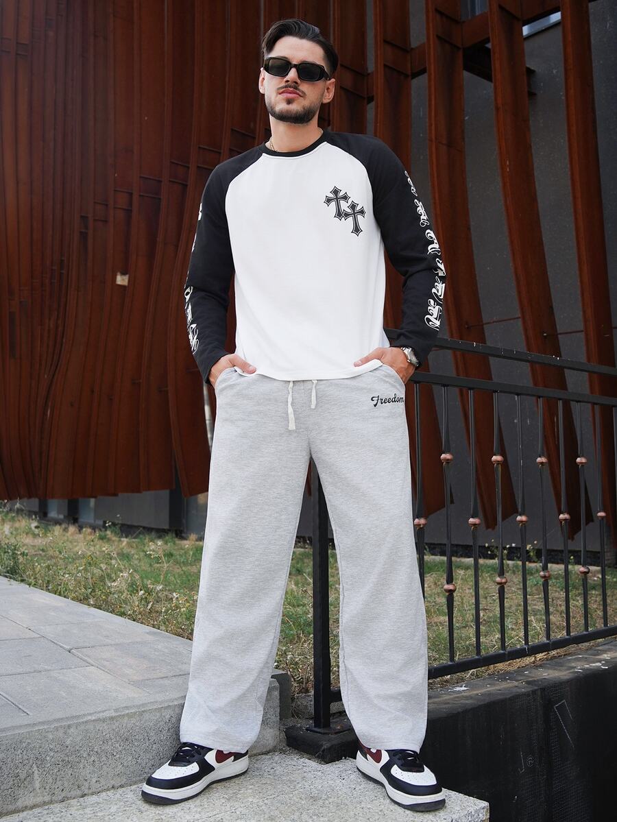 LEOGASHI LEOGASHI Men's Contrast Color Round Neck Raglan Sleeve Long Sleeve T-Shirt With Letter & Cross Print, Suitable For Daily Life, Travel And Vacation