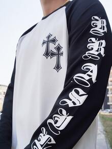 LEOGASHI LEOGASHI Men's Contrast Color Round Neck Raglan Sleeve Long Sleeve T-Shirt With Letter & Cross Print, Suitable For Daily Life, Travel And Vacation - Black and White - View 6