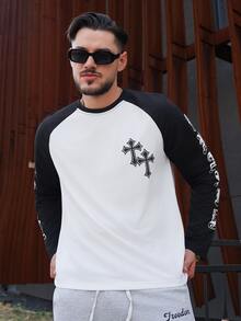 LEOGASHI LEOGASHI Men's Contrast Color Round Neck Raglan Sleeve Long Sleeve T-Shirt With Letter & Cross Print, Suitable For Daily Life, Travel And Vacation - Black and White - View 5