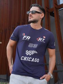 LEOGASHI LEOGASHI Manfinity Streetrush Men's Round Neck Short Sleeve Tee With Letter And Number Print, Casual Daily Wear - Navy Blue - View 1