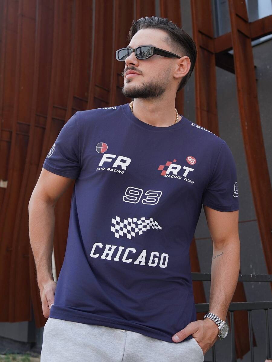 LEOGASHI LEOGASHI Manfinity Streetrush Men's Round Neck Short Sleeve Tee With Letter And Number Print, Casual Daily Wear - Navy Blue - View 1