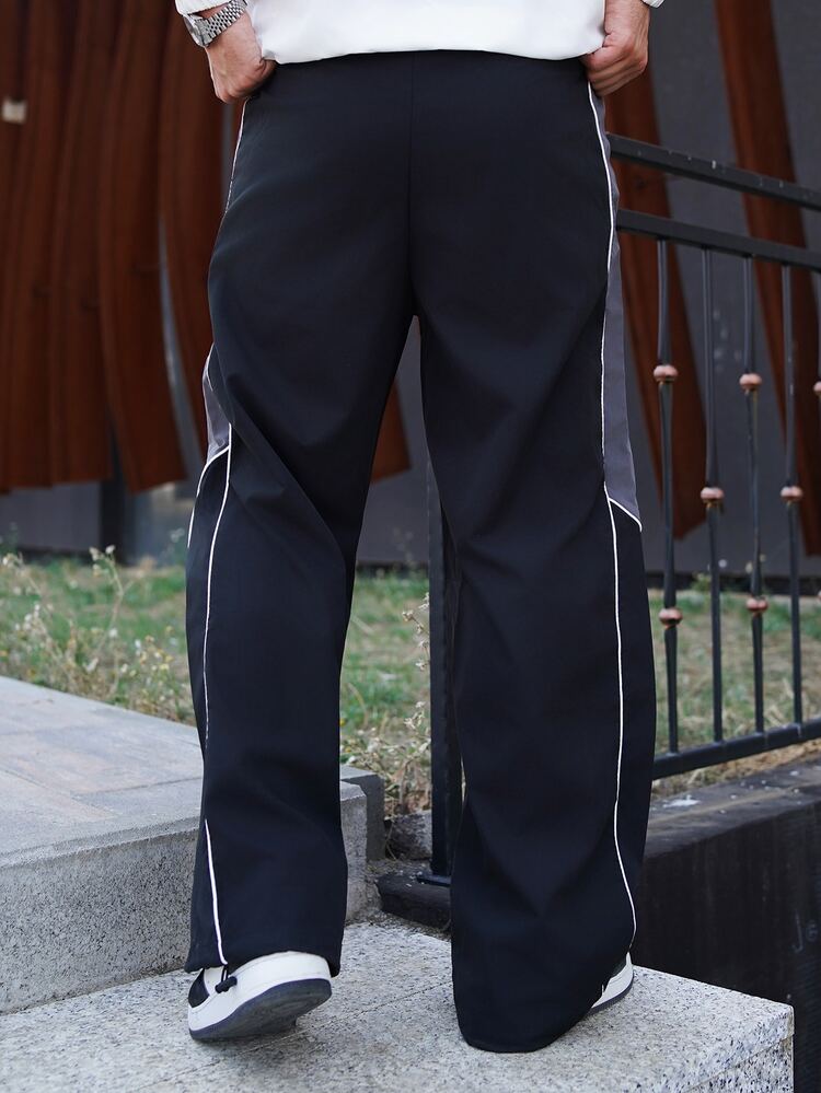LEOGASHI LEOGASHI Men's Streetwear Black And White Side Color Matching Drawstring Loose Wide-Leg Straight Pants,Summer City Break Fashionable Trousers For Daily,Fall - Black - View 2