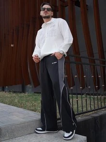 LEOGASHI LEOGASHI Men's Streetwear Black And White Side Color Matching Drawstring Loose Wide-Leg Straight Pants,Summer City Break Fashionable Trousers For Daily,Fall - Black - View 1