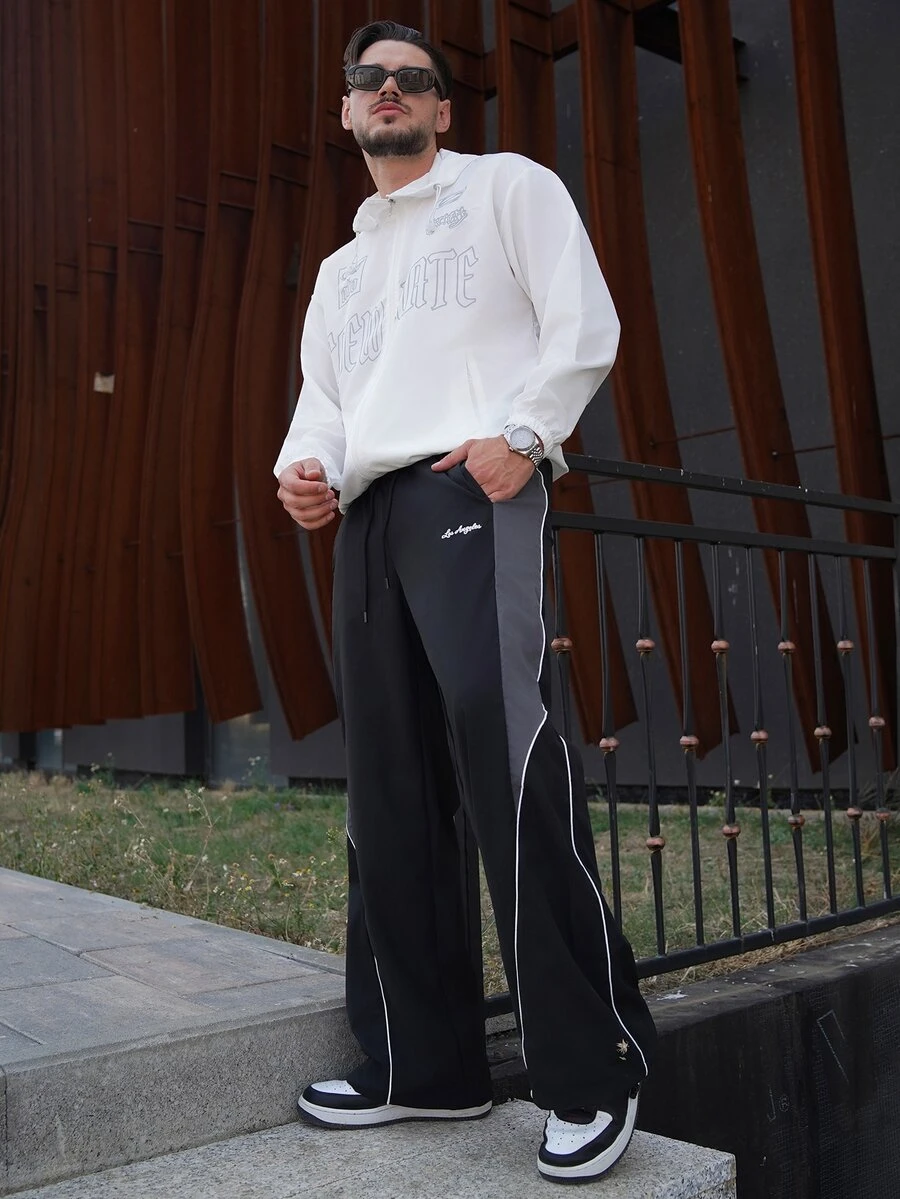 LEOGASHI LEOGASHI Men's Streetwear Black And White Side Color Matching Drawstring Loose Wide-Leg Straight Pants,Summer City Break Fashionable Trousers For Daily,Fall - Black - View 1