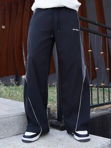 LEOGASHI LEOGASHI Men's Streetwear Black And White Side Color Matching Drawstring Loose Wide-Leg Straight Pants,Summer City Break Fashionable Trousers For Daily,Fall - Black - View 4