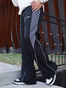 LEOGASHI LEOGASHI Men's Streetwear Black And White Side Color Matching Drawstring Loose Wide-Leg Straight Pants,Summer City Break Fashionable Trousers For Daily,Fall - Black - View 5