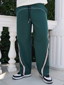 LEOGASHI LEOGASHI 1pc Fashionable Sporty Casual Straight Loose Wide-Leg Pants, Featuring Stylish Ribbed Tape Inserts, Contrast Binding Design, Lightweight Polyester Fabric, Suitable For Gym Wear And Gift - Green - View 3