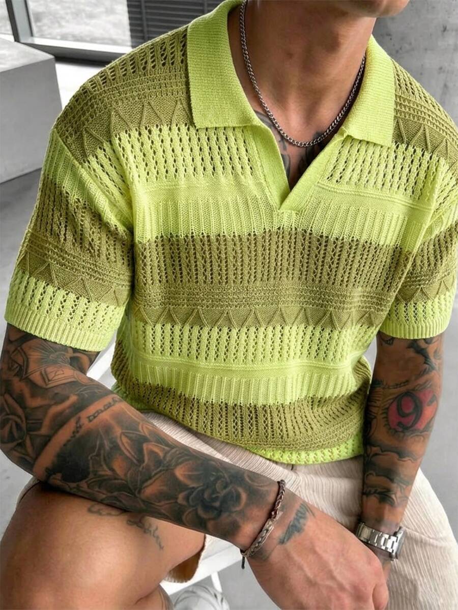 Manfinity LEGND Men's Contrast Color Striped Short Sleeve Knit Top - Yellow - View 1