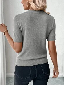 SHEIN 女款素色圓領短袖休閒針織上衣 - 灰色 - 查看 4