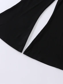 SHEIN 女童黑色長褲，秋季服飾，時尚修身版型，黑色主體搭配白黑波點腰帶拼接 - 彩色 - 查看 7