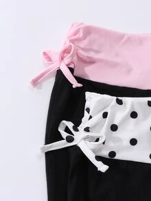 SHEIN 女童黑色長褲，秋季服飾，時尚修身版型，黑色主體搭配白黑波點腰帶拼接 - 彩色 - 查看 8