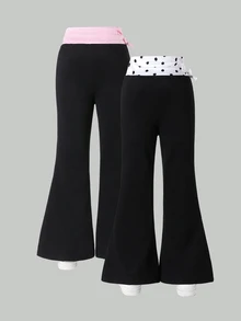 SHEIN 女童黑色長褲，秋季服飾，時尚修身版型，黑色主體搭配白黑波點腰帶拼接 - 彩色 - 查看 2
