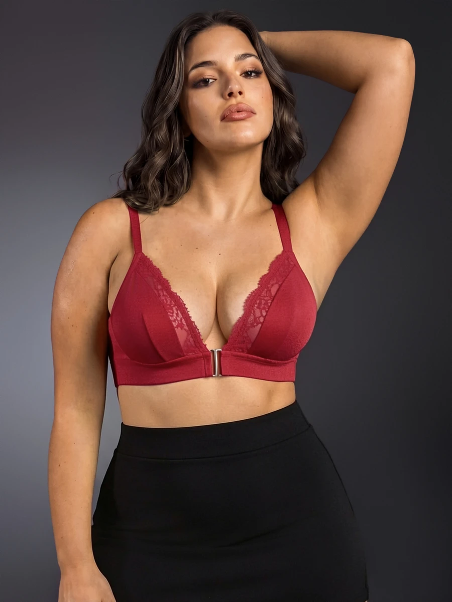 EmpressEnvy Front Closure, Lifting, Padded, Teardrop Cups, Eyelash Lace Decor, Comfortable Lace Patchwork Plus Size Bra & Wireless Bra - Red - View 1