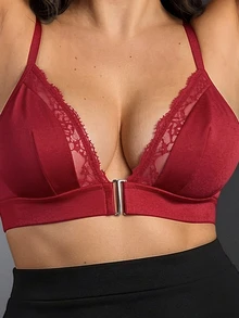 EmpressEnvy Front Closure, Lifting, Padded, Teardrop Cups, Eyelash Lace Decor, Comfortable Lace Patchwork Plus Size Bra & Wireless Bra - Red - View 3