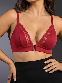 EmpressEnvy Front Closure, Lifting, Padded, Teardrop Cups, Eyelash Lace Decor, Comfortable Lace Patchwork Plus Size Bra & Wireless Bra - Red - View 4