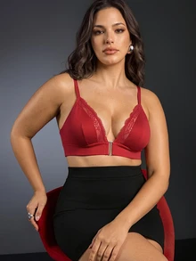 EmpressEnvy Front Closure, Lifting, Padded, Teardrop Cups, Eyelash Lace Decor, Comfortable Lace Patchwork Plus Size Bra & Wireless Bra - Red - View 5