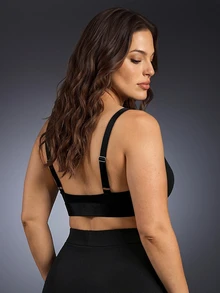 SHEIN Front Closure, Enhancing, Lifted Bust, Teardrop Underwire, Eyelash Lace, Soft, Lace Patchwork Plus Size Bra & Wireless Bra - Black - View 2