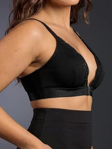 SHEIN Front Closure, Enhancing, Lifted Bust, Teardrop Underwire, Eyelash Lace, Soft, Lace Patchwork Plus Size Bra & Wireless Bra - Black - View 5