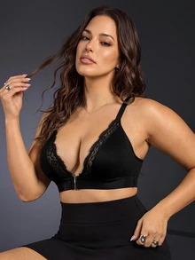 SHEIN Front Closure, Enhancing, Lifted Bust, Teardrop Underwire, Eyelash Lace, Soft, Lace Patchwork Plus Size Bra & Wireless Bra - Black - View 4