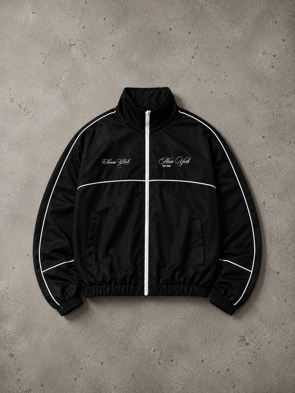 SUMWON New York Est 2023 Script Oversized Windbreaker Jacket With Full Zip Mandarin Collar And White Contrast Piping Trim Detail