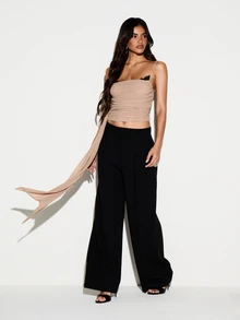 KIZN Ruched Mesh Square Neck Cami Crop Top With Adjustable Spaghetti Straps And Tie Detail Side Perfect For Summer Nights Out - Apricot - View 5