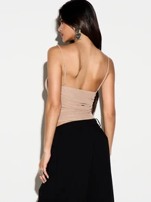 KIZN Ruched Mesh Square Neck Cami Crop Top With Adjustable Spaghetti Straps And Tie Detail Side Perfect For Summer Nights Out - Apricot - View 3