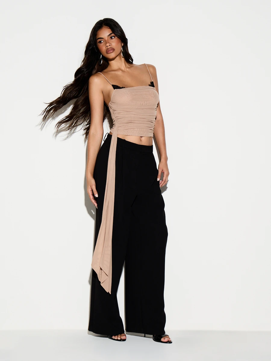 KIZN Ruched Mesh Square Neck Cami Crop Top With Adjustable Spaghetti Straps And Tie Detail Side Perfect For Summer Nights Out - Apricot - View 1