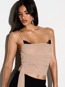 KIZN Ruched Mesh Square Neck Cami Crop Top With Adjustable Spaghetti Straps And Tie Detail Side Perfect For Summer Nights Out - Apricot - View 2