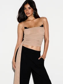 KIZN Ruched Mesh Square Neck Cami Crop Top With Adjustable Spaghetti Straps And Tie Detail Side Perfect For Summer Nights Out - Apricot - View 4
