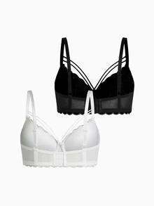 2pcs Plus Size Women Lace Wireless Comfortable Bras - Multicolor - View 4