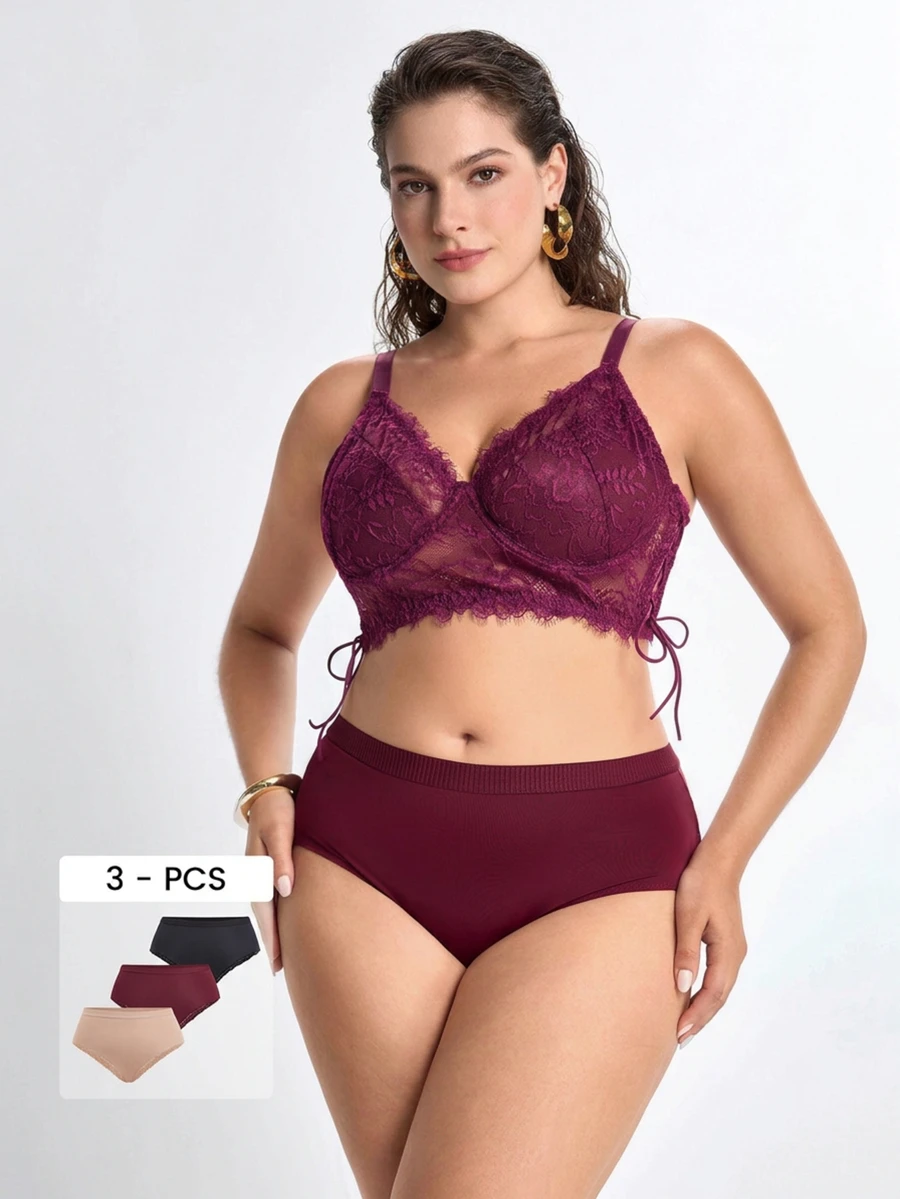 Slumbrini Plus Size Lace Patchwork Panties 3-Piece Set - Multicolor - View 1
