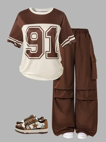 SHEIN Sparklyn Teen Girls 2pcs/Set Short Sleeve Round Neck Teenage Casual Street Style Digital Print T-Shirt + Cargo Pants , Comfortable Fit For Easy Movement - Brown - View 3