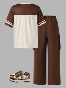 SHEIN Sparklyn Teen Girls 2pcs/Set Short Sleeve Round Neck Teenage Casual Street Style Digital Print T-Shirt + Cargo Pants , Comfortable Fit For Easy Movement - Brown - View 2