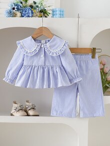 SHEIN 2件組女嬰春秋藍白條紋清新甜美風蕾絲飾邊彼得潘領收腰上衣寬腿褲套裝 可愛爸爸的小女孩 - 藍色 - 查看 3