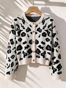 GlowEve Women's Casual Retro Vintage 70s Black And White Leopard Print Cardigan, Fall/ Brunch School - Black and White - View 1