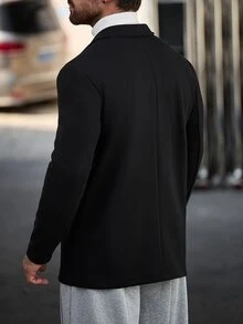 Manfinity CasualCool Mantel Pria Warna Polos Kancing Tunggal Serbaguna untuk Pakaian Kasual Sehari-hari - Hitam - View 2