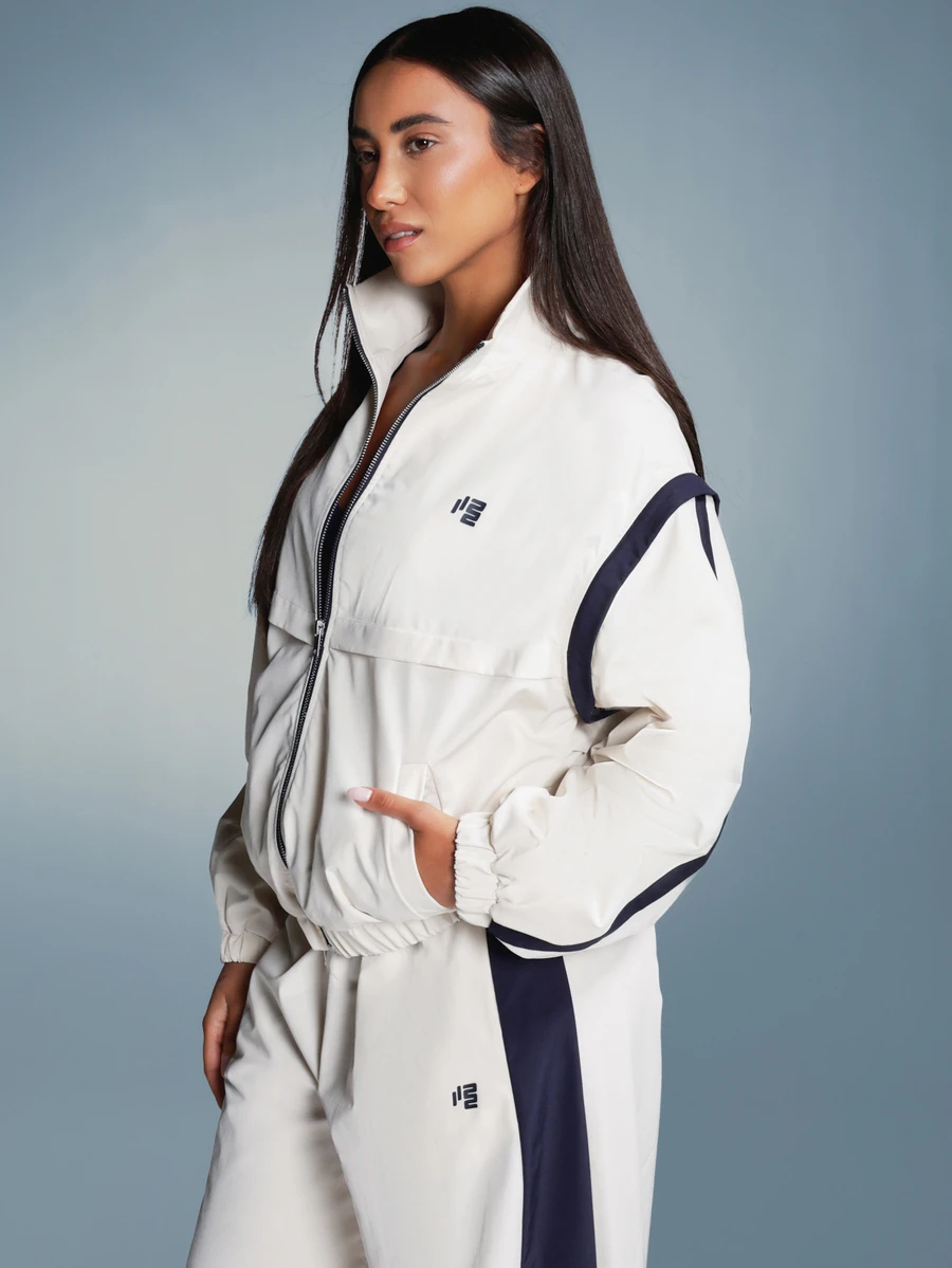 11SKNDS Oversized Zip-Up Windbreaker Jacket With Stand Collar Navy Contrast Stripe Detail And Logo Print Hip Length Relaxed Fit - Multicolor - View 1
