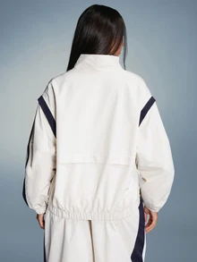 11SKNDS Oversized Zip-Up Windbreaker Jacket With Stand Collar Navy Contrast Stripe Detail And Logo Print Hip Length Relaxed Fit - Multicolor - View 4
