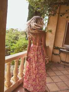 Aralina Women's Floral Print Backless Dress For Summer Vacation Dresses Women Spring Clothes Outfits Cute Elegant - Burnt Orange - View 5