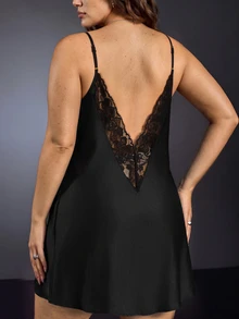 EmpressEnvy Plus Size Women Deep V-Neck Backless Lace Slip Dress, Sexy & Figure-Flattering - Black - View 2