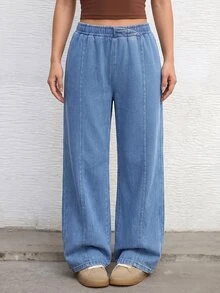 SHEIN 青少年女孩藍色牛仔布抓絨內裡寬鬆長褲，秋冬款 - 藍色 - 查看 3