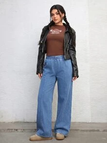 SHEIN 青少年女孩藍色牛仔布抓絨內裡寬鬆長褲，秋冬款 - 藍色 - 查看 6