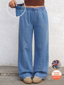 SHEIN 青少年女孩藍色牛仔布抓絨內裡寬鬆長褲，秋冬款 - 藍色 - 查看 1
