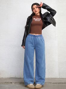 SHEIN 青少年女孩藍色牛仔布抓絨內裡寬鬆長褲，秋冬款 - 藍色 - 查看 7