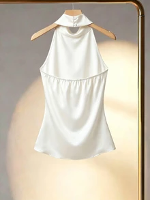 Franclia Women's Solid Color Halter Neck Draped Elegant Slim Fit Blouse, Summer Style Wedding Day Party Bar Party White - White - View 2