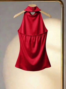 Franclia 女士纯色露背垂褶优雅修身衬衫，夏季 - 紅色 - 查看 2