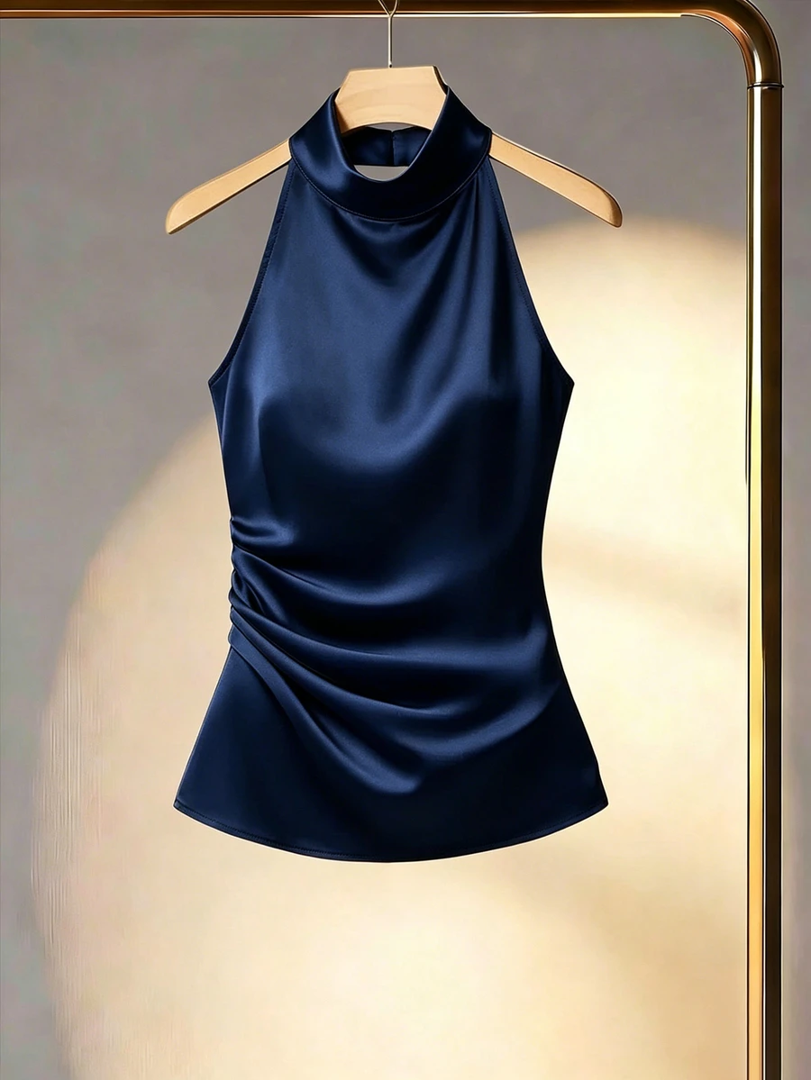 Franclia 女士纯色露背垂褶优雅修身衬衫，夏季 - 藍色 - 查看 1