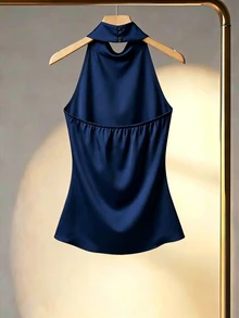 Franclia 女士纯色露背垂褶优雅修身衬衫，夏季 - 藍色 - 查看 2