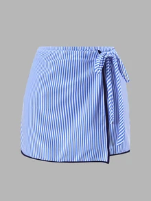 Swim Oasis 2026新款女款夏季海灘度假荷葉邊壓褶V領露背性感藍白條紋印花鏤空貼身繫帶裙式連身泳衣套裝 - 藍白色 - 查看 5